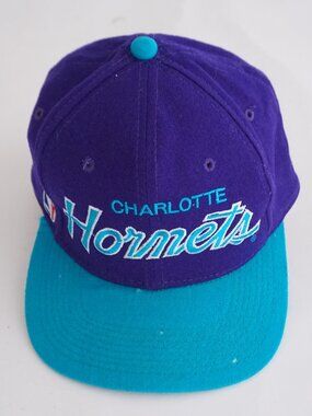 VTG Charlotte Hornets Purple Teal Script Wool Snapback Hat Cap Sports NBA 7 1/4